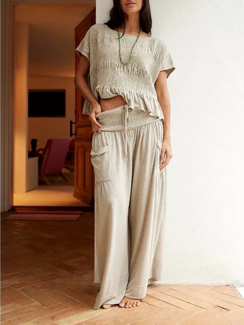 FREE PEOPLE Riley Shirt Top Pants Set-Tan-Beach-Vacation-Athleisure—XS